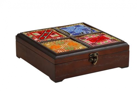 Oriental Wooden Box With Coloured Embroidery On The Top