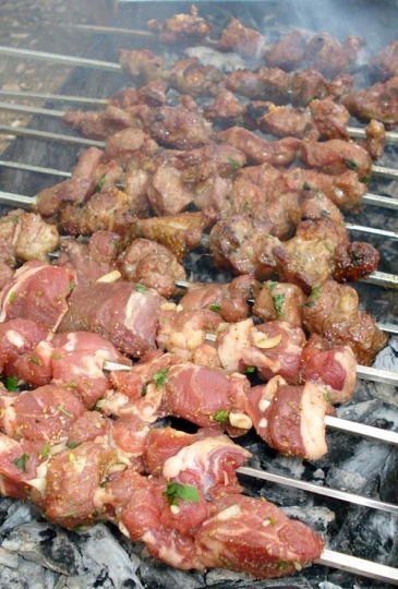 meat and chicken grill using skewers