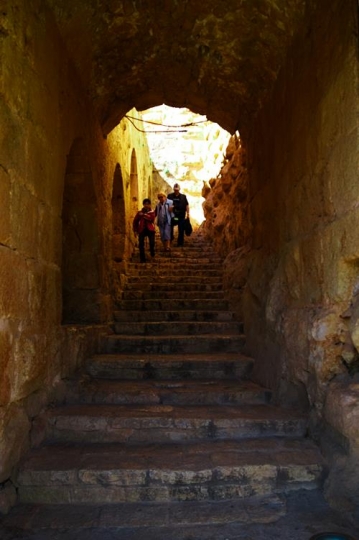 tourist walking down the stair