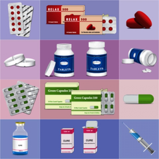 set of medication boxes with syringe