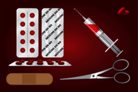 first aid kit on red background