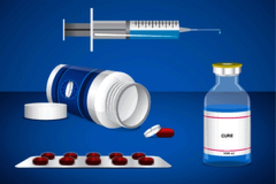 pill bottle with tablet,ampoules and syringe