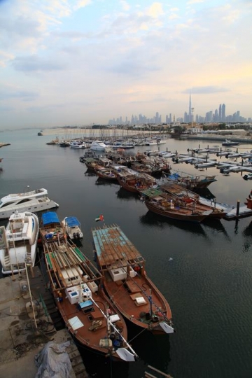 fishing boats in the harbour with city in background