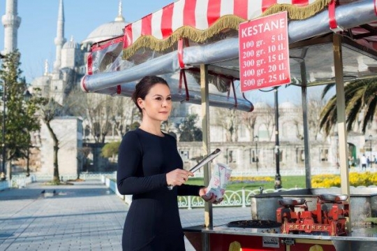 Businesswoman Selling Chestnut (Kestane) by Sultan Ahmad Mosque in Istanbul