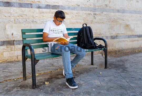 School Boy Reading Outdoors with a Scenic Tree Backdrop